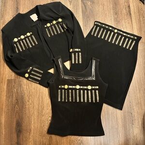 Andrea Isabella S Black Embellished 3-Piece Jacket Set Gold Accents Y2K VTG 80’s